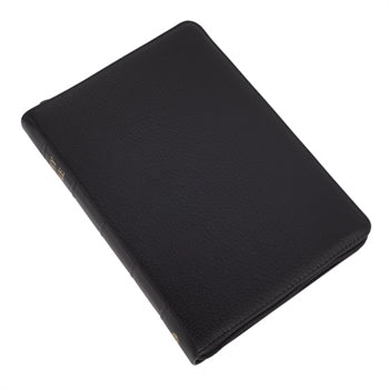 Medium print Bible without references. Black calfskin leather, with thumb index and zip. Authorised (King James) Version.