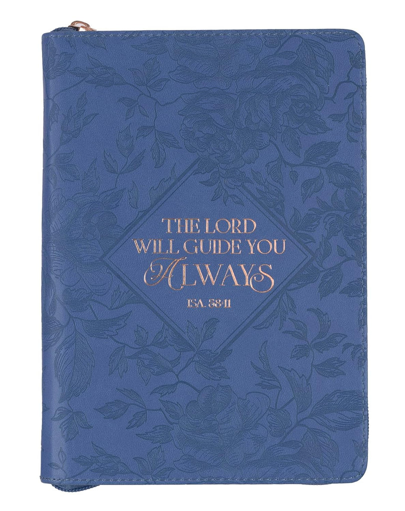 Christian Art Gifts Blue Vegan Leather Zipped Journal, Inspirational Women's Notebook the Lord Will Guide Scripture, Flexible Cover, 336 Ruled Pages, Ribbon Bookmark, Isa. 58:11 Bible Verse Imitation Leather