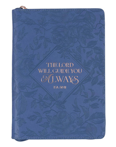 Christian Art Gifts Blue Vegan Leather Zipped Journal, Inspirational Women's Notebook the Lord Will Guide Scripture, Flexible Cover, 336 Ruled Pages, Ribbon Bookmark, Isa. 58:11 Bible Verse Imitation Leather