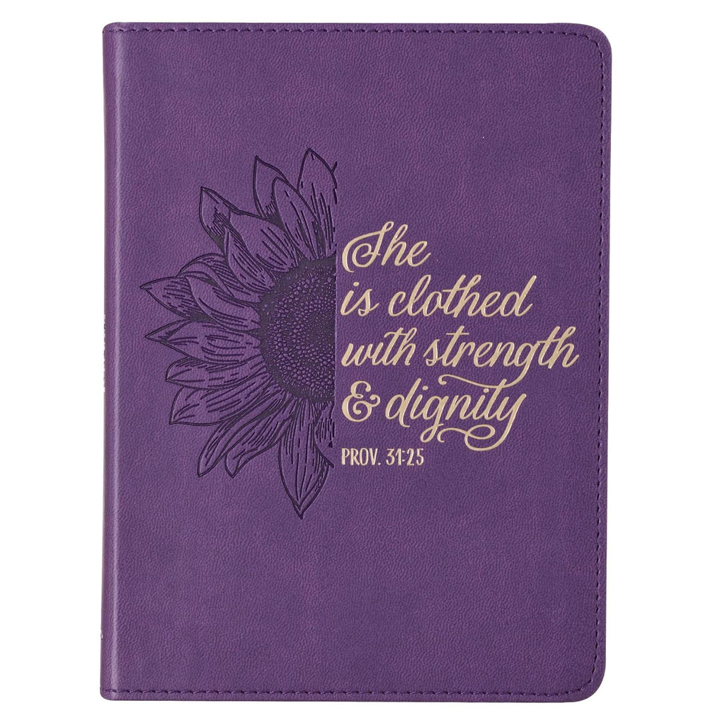 Christian Art Gifts Vegan Leather Small Journal Inspirational Scripture Women's Sunflower Notebook Strength & Dignity Bible Verse Proverbs 31:25, 240 Ruled Pages, Lavender Purple Imitation Leather