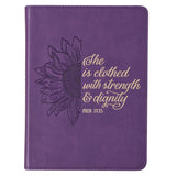 Christian Art Gifts Vegan Leather Small Journal Inspirational Scripture Women's Sunflower Notebook Strength & Dignity Bible Verse Proverbs 31:25, 240 Ruled Pages, Lavender Purple Imitation Leather