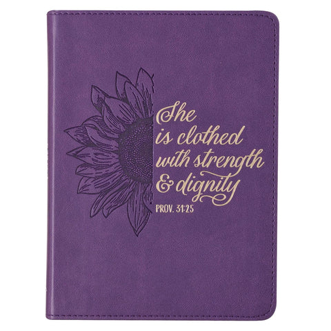 Christian Art Gifts Vegan Leather Small Journal Inspirational Scripture Women's Sunflower Notebook Strength & Dignity Bible Verse Proverbs 31:25, 240 Ruled Pages, Lavender Purple Imitation Leather